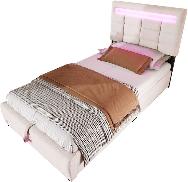 Polsterbett 90×200 cm mit Bettkasten, LED-Beleuchtung und USB-Anschluss, Beige Bild 7