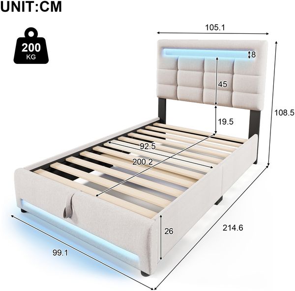 Polsterbett 90×200 cm mit Bettkasten, LED-Beleuchtung und USB-Anschluss, Beige Bild 5