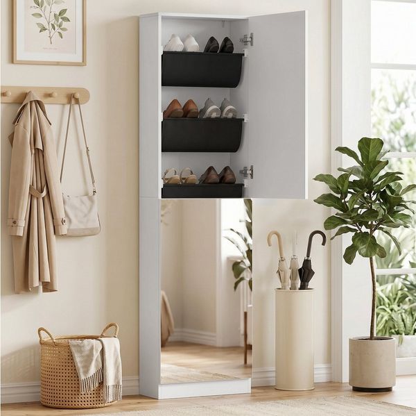 HOMCOM Schuhschrank Schuhaufbewahrung mit Ganzkörperspiegel, 2 umkehrbaren Türen (Schuhregal, 1-St, Schmale Schuhkommode) für Eingang, Flur, 50 x 20 x 180 cm, Weiß