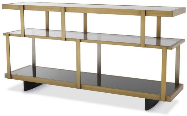 Casa Padrino Luxus Konsole Messingfarben / Schwarz 180 x 46 x H. 91 cm - Edelstahl Schrank mit Glasregalen - Regalschrank - Wohnzimmer Schrank - Büroschrank - Luxus Qualität