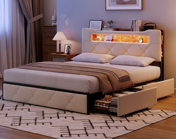ADWOLT Polsterbett Doppelbett Stauraumbett mit 4 Schubladen Samtstoff, 140x200 cm,Mit USB+TYPE-C,LED-Beleuchtung,Schubladen mit Rädern,Beige