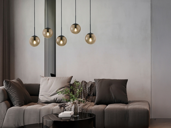Pendelleuchte BALINI 5-flammig mit Rauchglas Kugeln, Breite 100cm