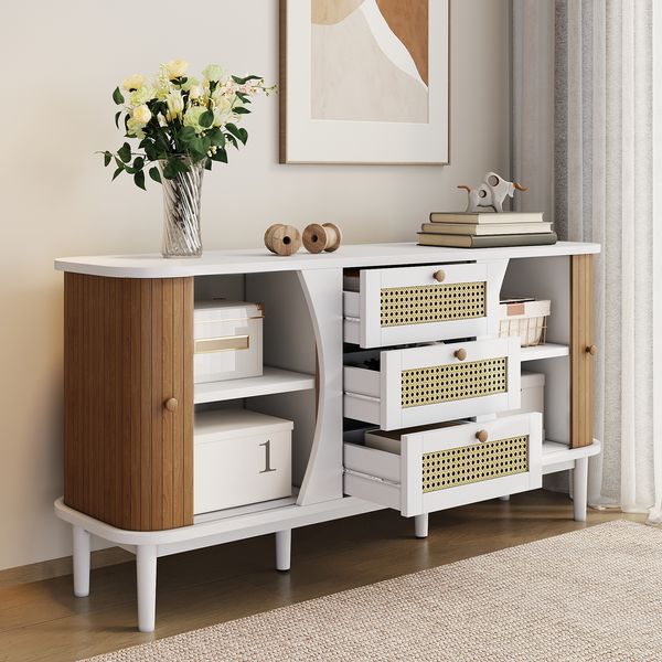 Sideboard Weiß Natur Holz 140cm,Schrank Lowboard mit Rattan Schubladen,Höhenverstellbare Böden