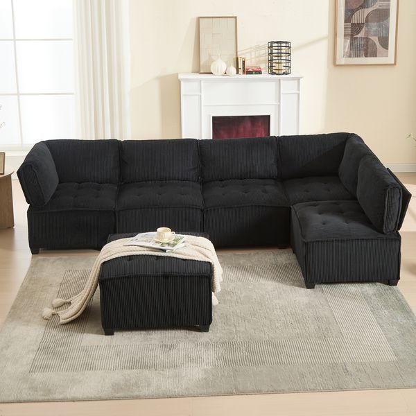 Modulares 6-Sitzer Sofa aus Cord, flexibel kombinierbar, 308 x 154 x 81,99 cm, Schwarz