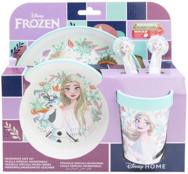 Disney Frozen Kindergeschirr Set 5-teilig – Rutschfestes Ess-Set mit Teller, Schüssel, Becher & Besteck