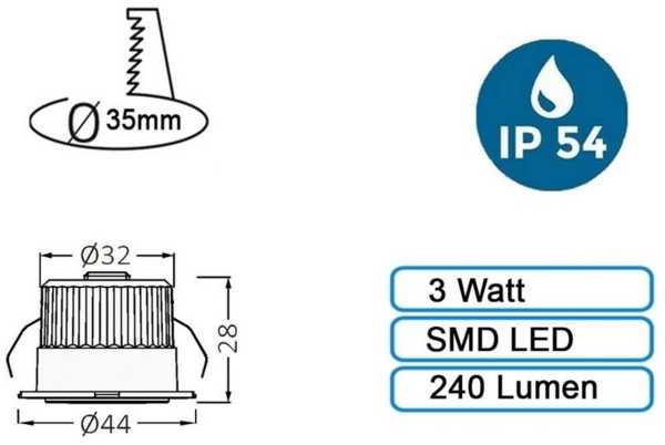 3w Mini LED Einbauleuchte Einbaustrahler Einbauspot Spot Silber 240 Lumen Schutzart IP54 Warmweiß Bild 3