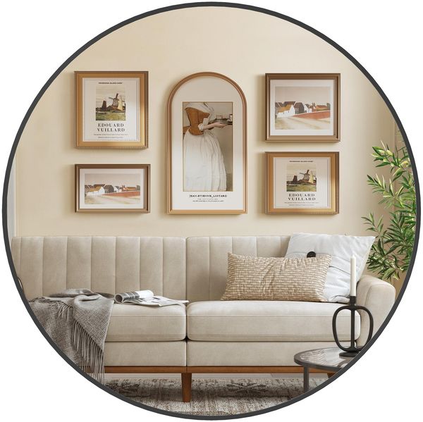 SONGMICS 91 cm d Spiegel rund, runder Spiegel, Wandspiegel, Metallrahmen, einfache Montage, modern, für Bad, Wohnzimmer, Schlafzimmer, Flur, Eingangsbereich, tintenschwarz LWM105B01