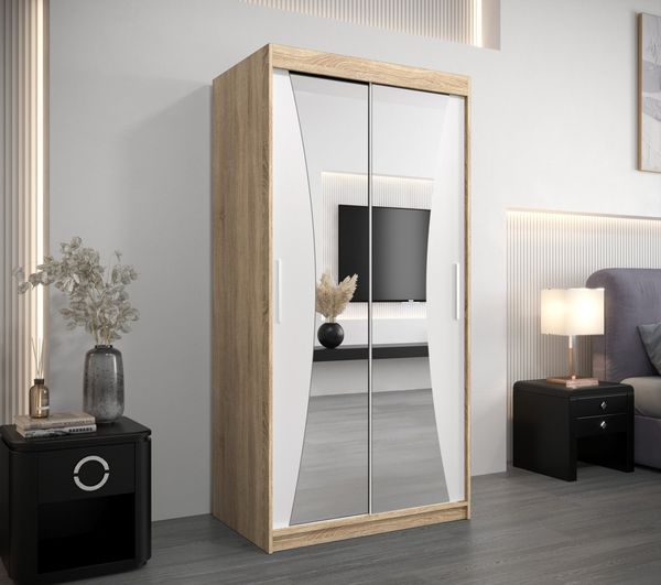 MOEBLO Schiebetürenschrank MEGRA (mit Spiegel, mit/ ohne Schubladen, Schwebetürenschrank Schrank Garderobe Schiebtüren Schlafzimmer Wohnzimmerschrank) (BxHxT):100/120/150/180/200/250 x 200 x 62 cm