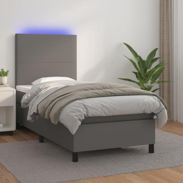 vidaXL Boxspringbett mit Matratze & LED Grau 90x200 cm Kunstleder 3135805