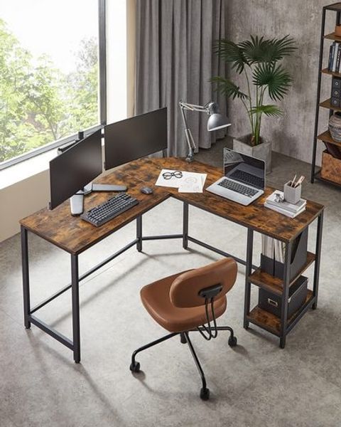 VASAGLE L-förmiger Eckschreibtisch mit 2 Ablagen, Industrie-Design, Vintagebraun/Schwarz, 138x138x76cm