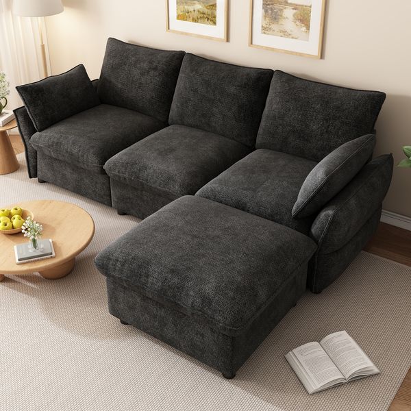 Merax 222cm Ecksofa mit Ottomane (inkl. 1 Hocker), 3-Sitzer Sofa aus Chenille, Dunkelgrau