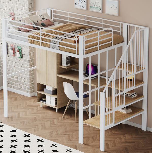 Hochbett 140x200 cm mit Treppe – Metallbett in Weiß mit Stauraum unter dem Bett