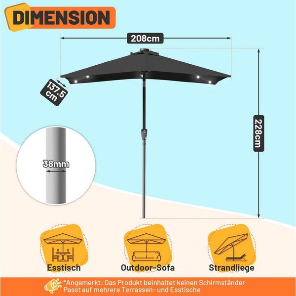Clanmacy Sonnenschirm Rechteckig LED Solar Gartenschirm 2.1x1.4 m UV-Schutz mit kurbel Grau, LxB: 210x140 cm, Stabiler knickbar/für Garten, Balkon, Terasse/Sonnenschutz