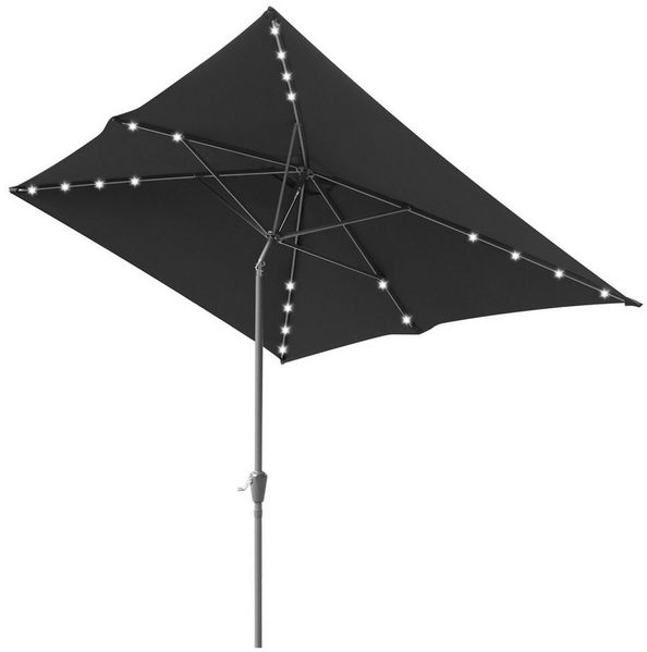Clanmacy Sonnenschirm Rechteckig LED Solar Gartenschirm 2.1x1.4m UV-Schutz mit kurbel Grau, LxB: 210x140 cm, Stabiler knickbar/für Garten, Balkon, Terasse/Sonnenschutz