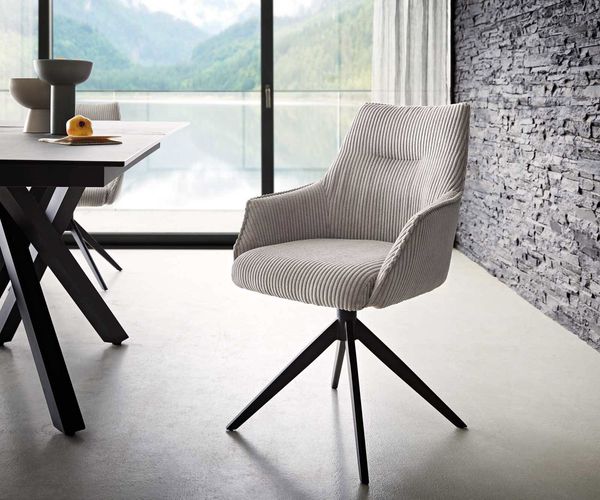 Drehstuhl Alja-Flex mit Armlehnen Cord Silbergrau Kreuzgestell breit Schwarz 360° drehbar Taschenfederkern
