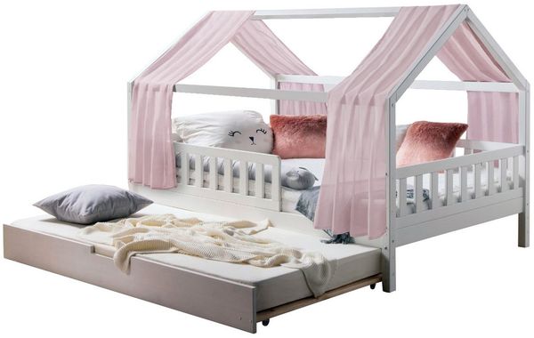 Ticaa Hausbett Kim mit Rausfallschutz und Zusatzbett aus Kiefer, Kinderbett 140x200, inkl. Tüll-Set, mit Rollrost, mit 2 Matratzen