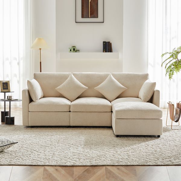 Ecksofa aus Chenille, modular mit beweglichem Hocker & 4 Kissen, 216 x 161 x 81 cm, Beige