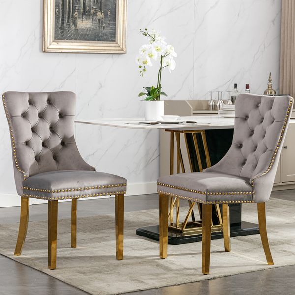 Esszimmerstühle 2er Set Samt mit hoher Rückenlehne, Massivholz & Ziernägel, modern luxuriös,Grau & Gold