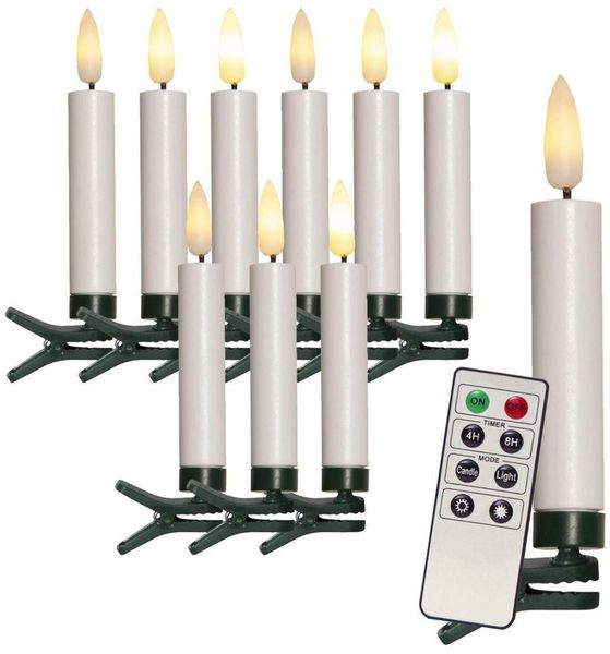 MARELIDA LED-Christbaumkerzen LED Baumkerzen 10 Weihnachtskerzen Clip Baumbeleuchtung kabellos Fernb, 10-flammig