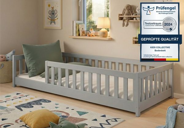 Kids Collective Kinderbett Bodenbett Bett mit Rausfallschutz & Lattenrost Montessori Bett Kinder (Jungen, Mädchen, Kinder, weitere Größen 80x160, 80x180, 90x190, 120x200, 140x200 cm), Jugendbett Gitterbett Einzelbett mit Matratze, Aschgrau 90x200 cm