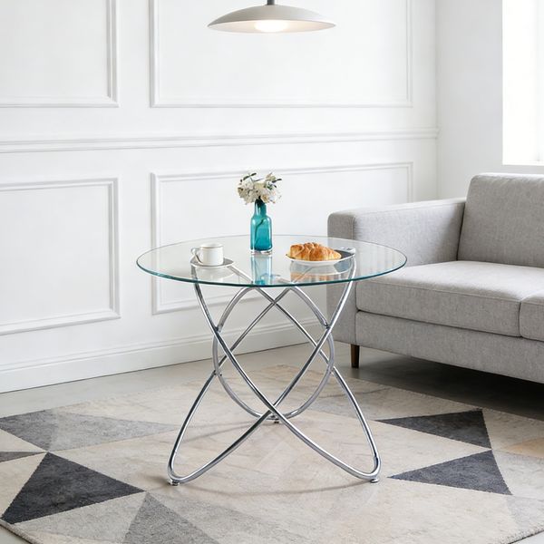 Esstisch aus Glas und Metall in Chrom, modernes Design, pflegeleichte Oberfläche