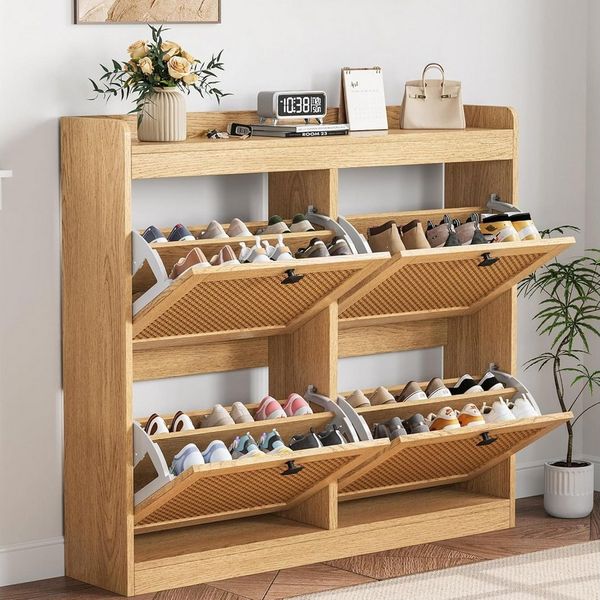 GarveeMore Schuhschrank aus Rattan mit 4 Klappschubladen für Eingangsbereich,Flur 105 x 23 x 96 cm freistehender Schuhschrank aus Holz mit verstellbaren Einlegeböden
