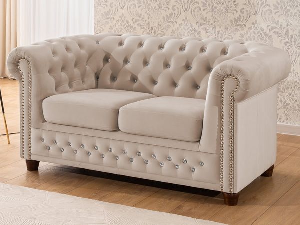 S-Style Möbel Chesterfield-Sofa 2-Sitzer Cleo Blink aus Samt mit Kristallsteppung und Massivholzfüßen, mit Wellenfederung