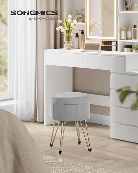 Songmics Sitzhocker Hocker (Schminktischhocker, Samt Schminkhocker), 4 Metallbeine, für Ankleidezimmer, Wohnzimmer, Schlafzimmer, grau