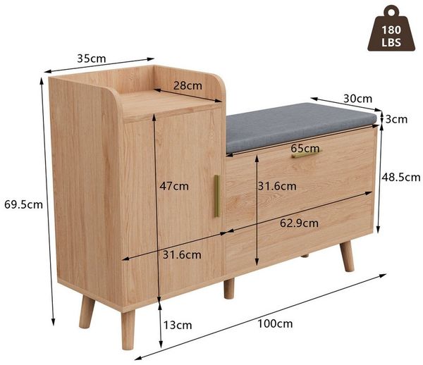 FUROKOY Schuhbank Schuhschrank Schuhregal mit Klappen und Fächern, Schuhregal für Eingangsbereich, Flur, 100 x 30 x 69.5 cm, Natur