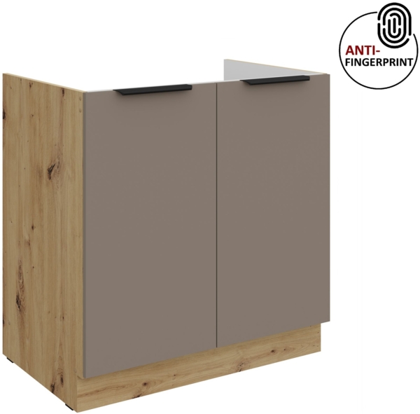 Küchen Spülenunterschrank 80 cm Küche ARIA Sandgrau ultra matt + Eiche Artisan matt, hochwertige Fronten mit Anti Fingerprint Beschichtung Küchenzeile Küchenblock