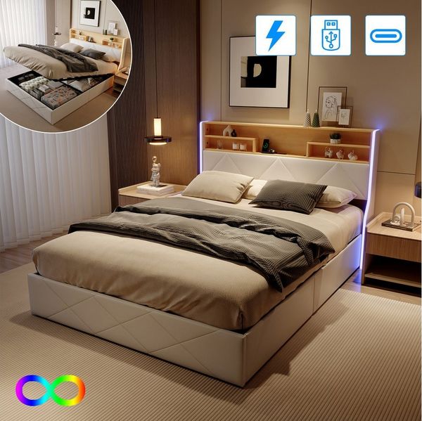 Gdood Polsterbett Stauraumbett Doppelbett LED USB (1 tlg, Hydraulisch hebbarem Stauraum), Mit LED-Licht, Nachttisch, Ladefunktion, Lattenrost, PU, 140x200 cm
