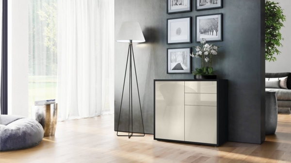 Vladon Sideboard Ben, Kommode mit 2 Türen und 2 Schubladen, Schwarz matt/Creme Hochglanz (79 x 74 x 36 cm) Bild 2