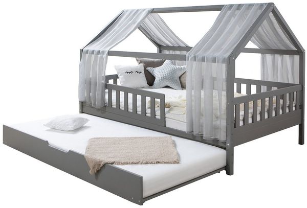 Ticaa Hausbett Kim mit Rausfallschutz und Zusatzbett aus Kiefer, Kinderbett 90x200, inkl. Tüll-Set, mit Rollrost