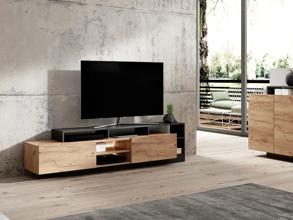 Vente-unique - IDESIA TV unit Holz, Platte GrauBeige - B 43,6 cm x H 47,8 cm x L 192,4 cm