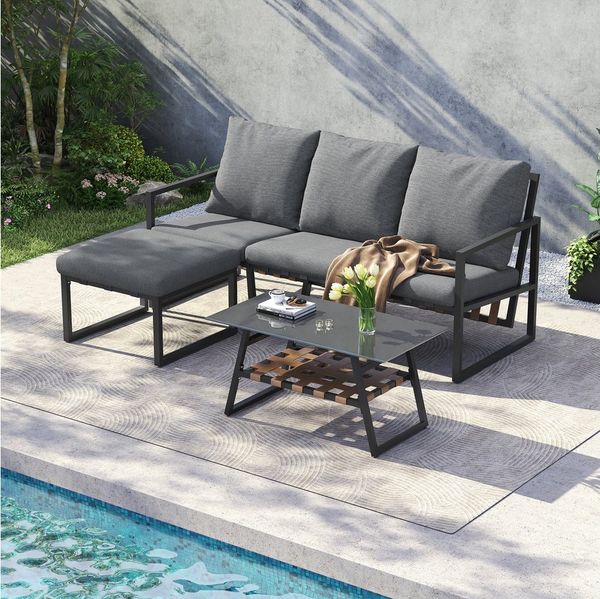 OKWISH Gartenlounge-Set Gartenmöbel-Set, Eckgarnitur, (Outdoor-Sofa-Set, Balkonset, Gartensofa, 3-tlg), verzinktes Stahlrohr, Glastischplatte, für Außenbereiche