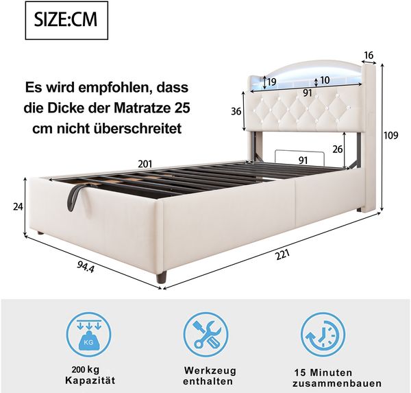 Kinderbett 90x200 cm mit LED-Licht, USB-Type-C-Anschluss & Stauraum – Samt Polsterbett mit Gasdrucksystem,Beige Bild 6