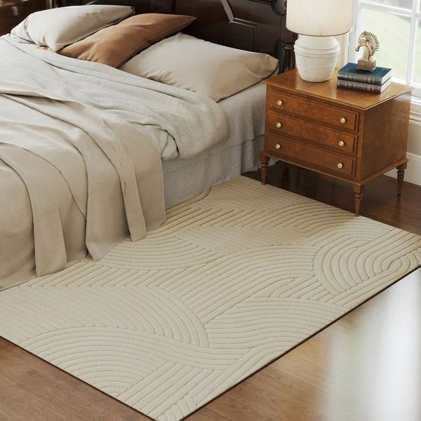 HOMCOM Teppich Anti-Rutsch Geometrisch Hochflor Wohnzimmerteppich, Rechteckig, Höhe: 17 mm, für Wohnzimmer Terrasse Balkon & Küche, 200 x 140 cm, Cremeweiß