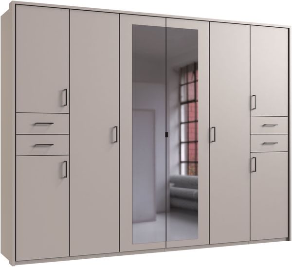 Drehtürenschrank Kleiderschrank 273cm Passep. Spiegel Beige Grau Griffe schwarz