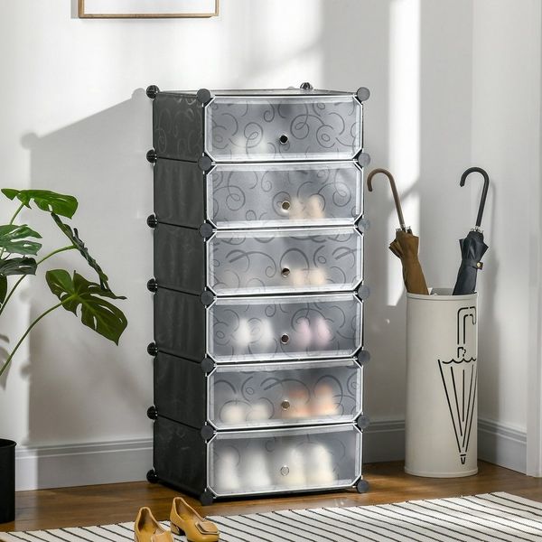 HOMCOM Schuhregal Modulares Regalsystem für 6 Paar Schuhe, Schuhregal 1-tlg, Kunststoff Stahl Schwarz+Weiß 49 x 36,5 x 108 cm