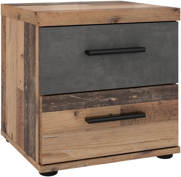 Nachtkommode >WINNIE< 2 Schübe, Old-Wood Vintage / Betonoptik - 37,7x38,6x34,8cm (B/H/T)