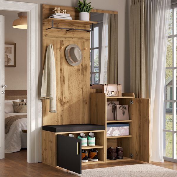 Kompaktgarderobe mit Spiegel, Sitzbank und Schuhschrank, Holzoptik Eiche, Stauraumschrank, Kleiderhaken