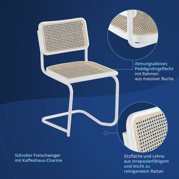 KHG 6er Set Schwingstühle Freischwinger Weiß Made in Italy - Rückenlehne und Sitzfläche aus Massivholz Buche und Rattan - Esszimmerstuhl, Küchenstuhl Design Stuhl mit Wiener Geflecht