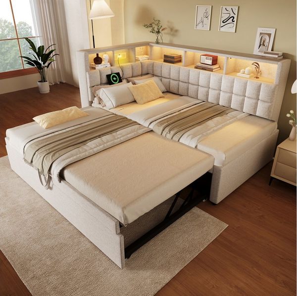Flieks Daybett L-Kopfteil mit Ausziehbett, Polsterbett 90/180x200cm mit LED, Bluetooth-Lautsprecher, USB & Type-C