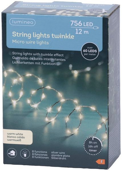 Lumineo LED-Lichterkette Lumineo Lichterkette STRING LIGHTS TWINKLE 756 LED 12 m, warm weiß, Indoor/Outdoor, 8 Licht-Modi, 8h-Timer