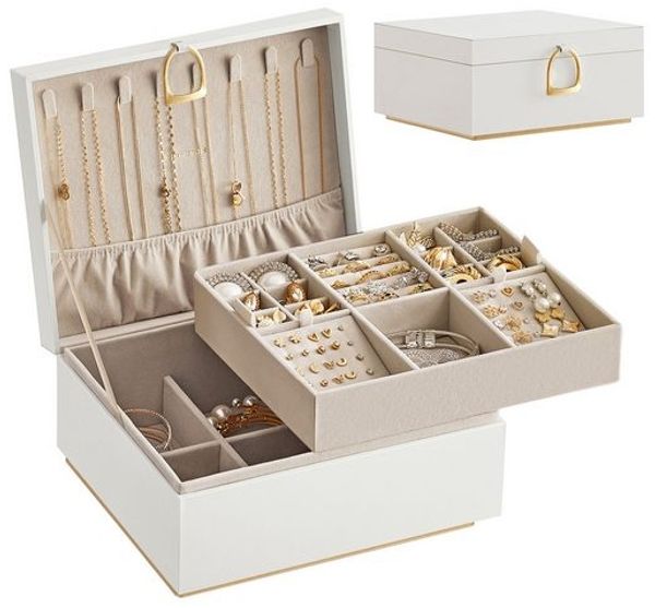 Songmics Schmuckkasten, 2 Ebenen, Schmuckkasten mit Griff, Schmuckbox