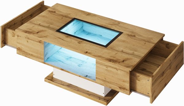 Couchtisch mit LED Beleuchtung, Wohnzimmertisch mit Glasplatte, 2 Schubladen und offenem Fach Bild 9