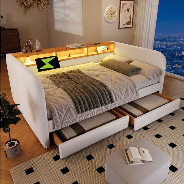 Flieks Polsterbett, LED Daybett Kinderbett 140x190cm mit Ladefunktion und 2 Schubladen