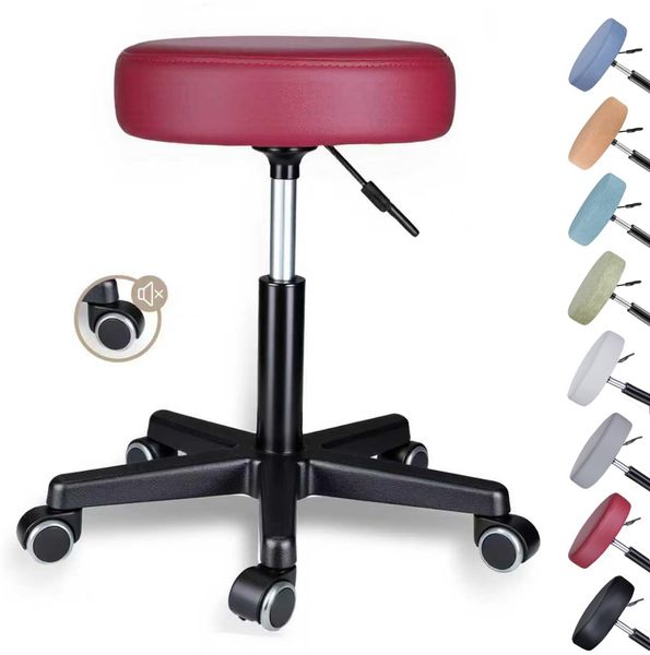 Zedelmaier Rollhocker höhenverstellbar, Bürohocker mit Gummirollen, 360° drehbar Hocker mit Rollen & 10 cm Polsterung, Sitzhocker Werkstatt, Drehhocker ergonomisch, Sitzhöhe 44–58 cm, Weinrot