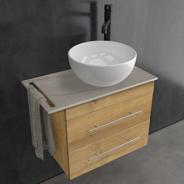 Alpenberger Badmöbel-Set Gäste WC Waschbecken mit Unterschrank – hängender Waschtisch 60 cm, (Waschtischunterschrank mit 2 Auszügen, Aufsatzwaschbecken mit Unterschrank), Badmöbel Set mit Waschbecken, Waschbeckenunterschrank 60 cm Breit