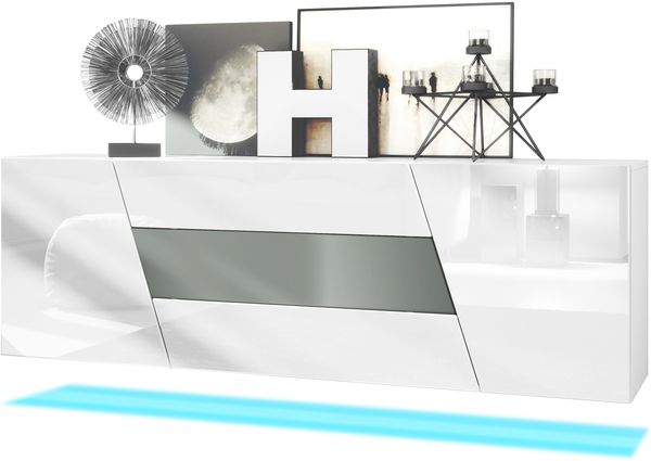 Vladon Sideboard Houston, hängende Kommode mit 2 Türen & 3 Schubladen, Korpus Weiß matt, Fronten Weiß Hochglanz, mittlere Schublade Graphit seidenmatt, inkl. LED-Beleuchtung (178 x 57,5 x 38,5 cm)
